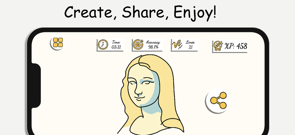 ArtLoop app screen showing a completed Mona Lisa drawing with accuracy and XP stats