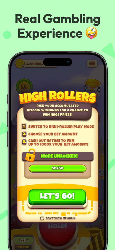 치킨 또는 추락 비트코인 적립 앱의 하이 롤러 모드 잠금 해제 화면