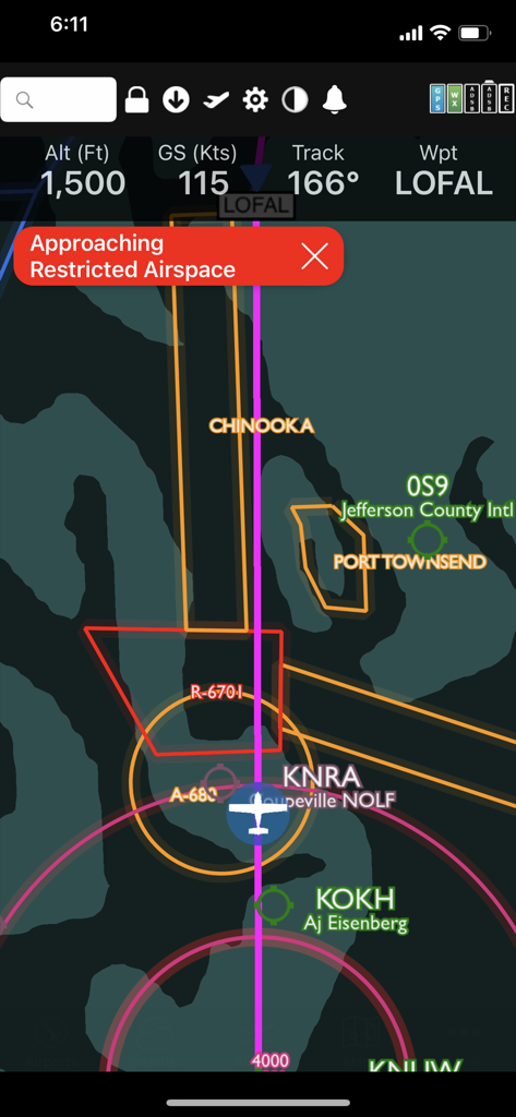 FlyQ plus app interface showing a restricted airspace warning on a digital flight map.