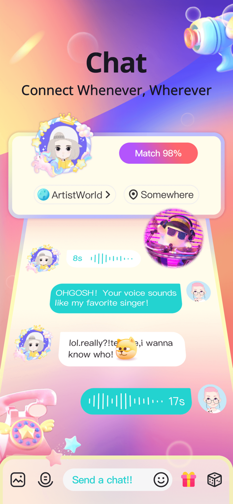 Soul-Chat, Match, Party - Soul app chat interface showing matched users with avatars and audio message bubbles in a colorful social discovery platform