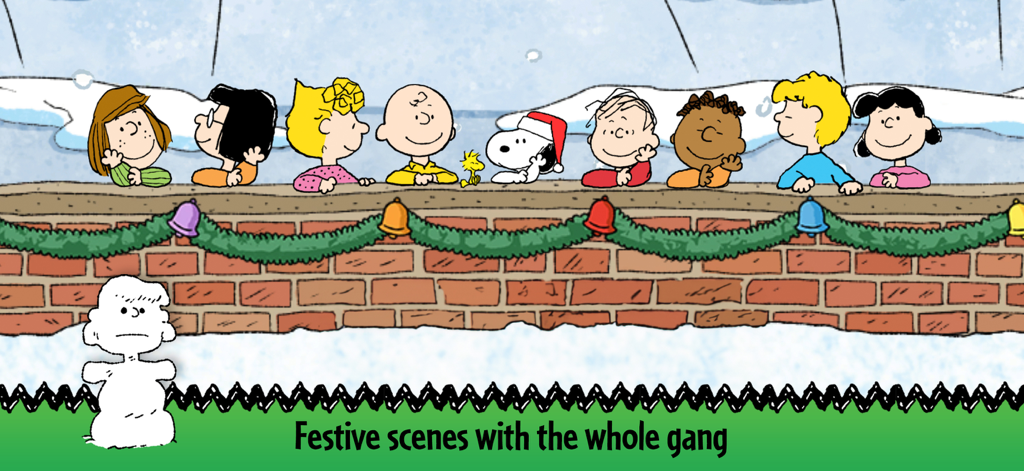 Peanuts Advent Calendar 2025 - The Peanuts gang gathered behind a decorated brick wall in a snowy holiday scene