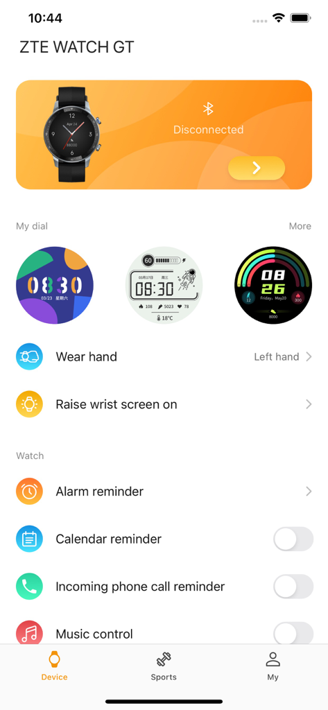 Z-Sports app interface showing ZTE Watch GT device settings and customizable watch faces