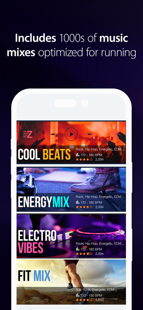Screen showing curated music mixes for running including Cool Beats and Energy Mix