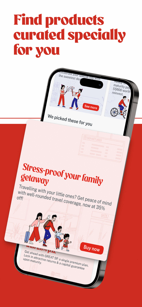 Great Eastern Singapore - Great Eastern Singapore app interface showing curated insurance recommendations for travel and family protection.