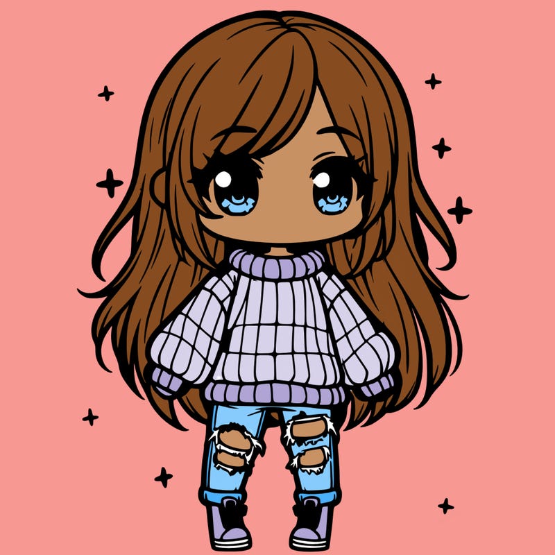 chibi girl with ripped jeans,long hair, and an oversized sweater