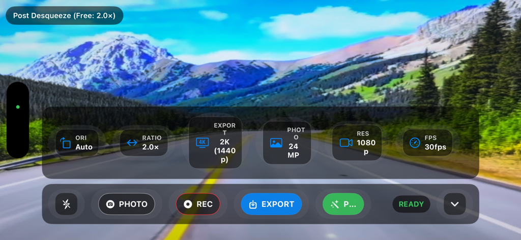 AnamorphicDesqueezer - AnamorphicDesqueezer app interface with manual camera settings and video export options over a landscape background