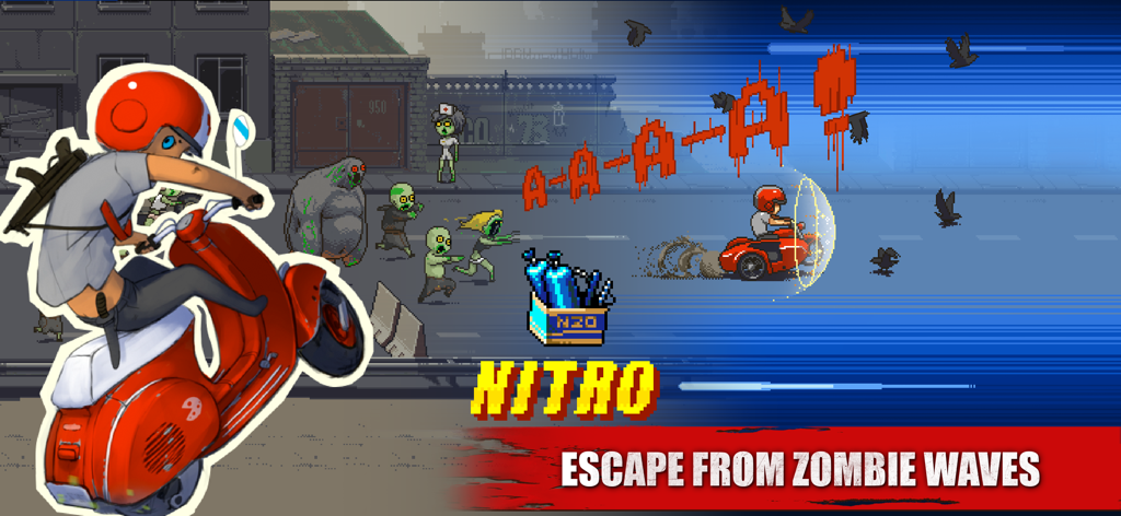 Dead Ahead: Zombie bike racing - A character on a red scooter using a nitro boost to escape a wave of pixel art zombies