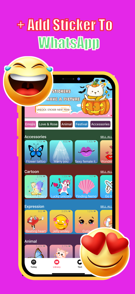 A mobile app interface displaying various sticker categories like accessories, cartoons, and expressions for WhatsApp messaging.
