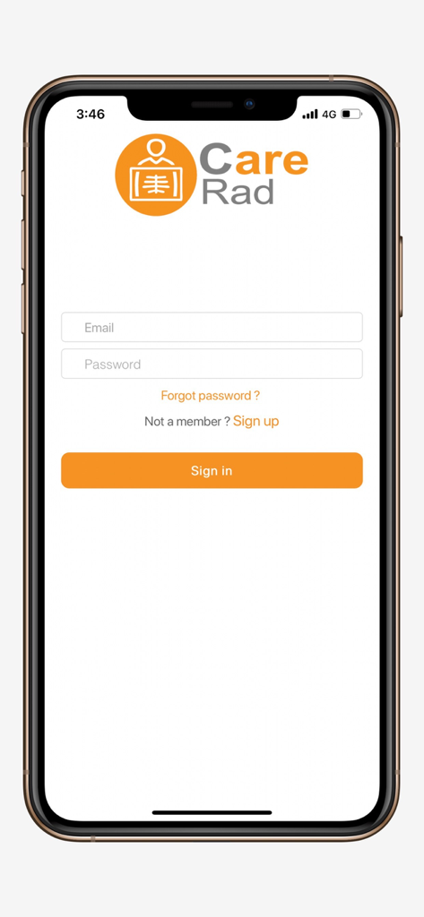 CareRad app login page with fields for email and password and a sign in button