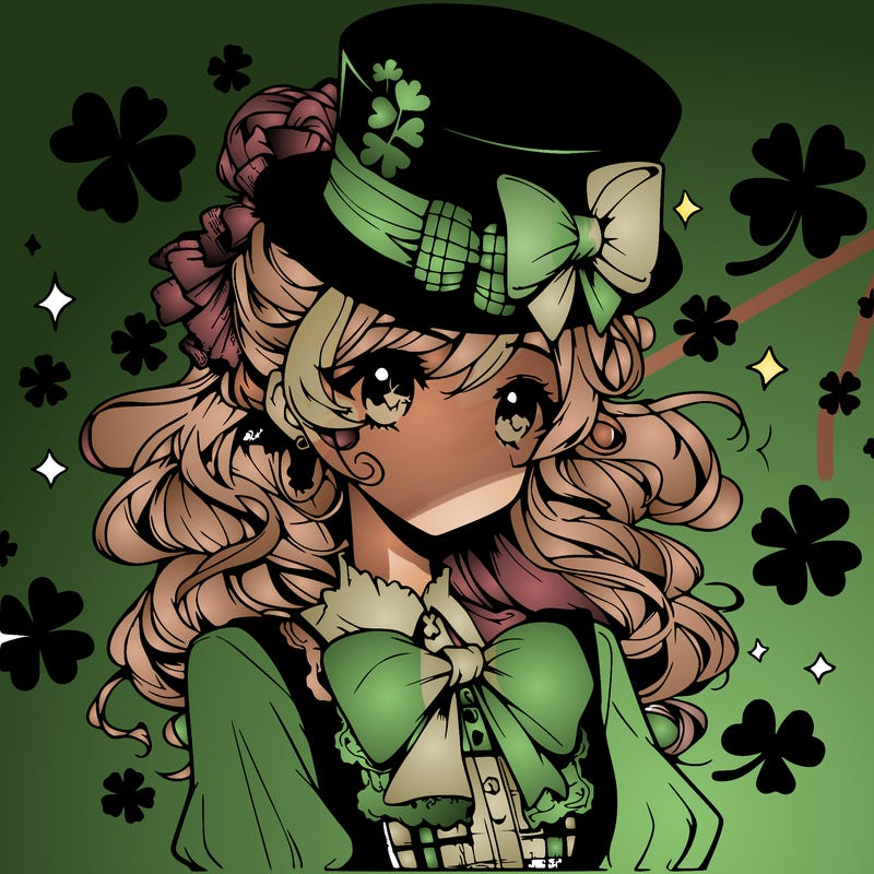a manga-style girl with clovers around her, a little hat in her hair, like it's saint patrick's day