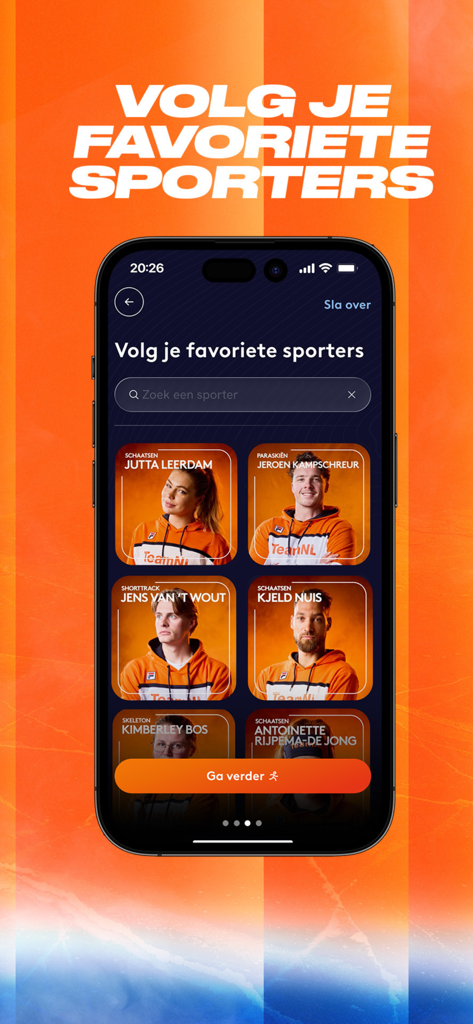 TeamNL - Mobile app interface of TeamNL showing a grid of Dutch Olympic and Paralympic athletes to follow