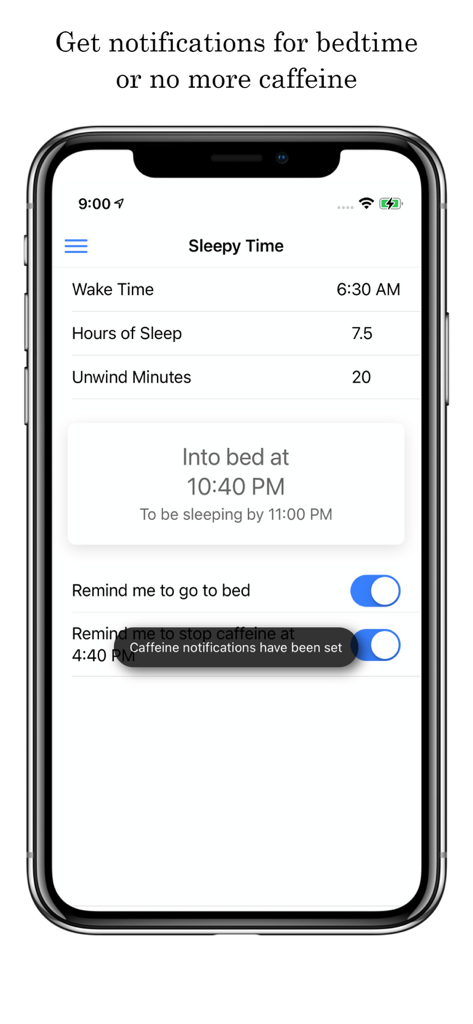 Sleepy Time - Time for Bed - 취침 시간 및 카페인 알림 설정이 있는 Sleepy Time 앱 화면