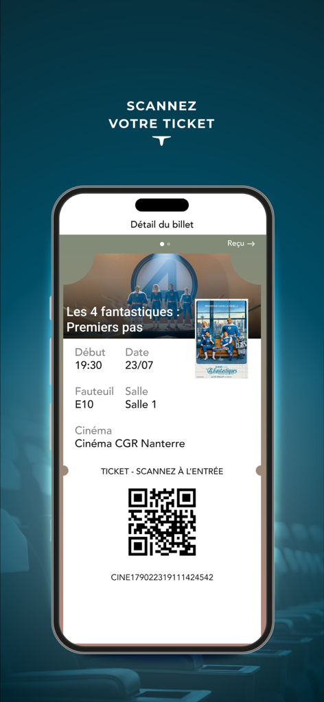 CGR Cinémas - Digital movie ticket with a QR code for a screening in the CGR Cinémas app