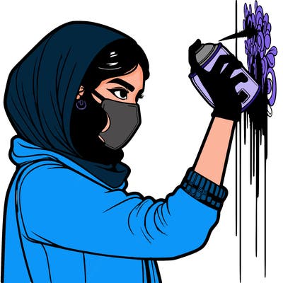realistic girl with mask spray painting a wall