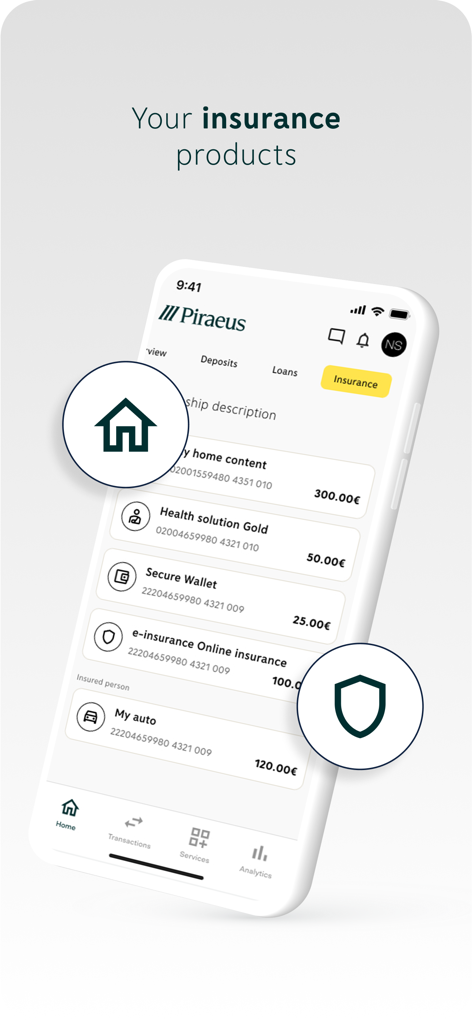 Piraeus app - Piraeus app interface displaying a list of insurance products including home health and auto insurance policies