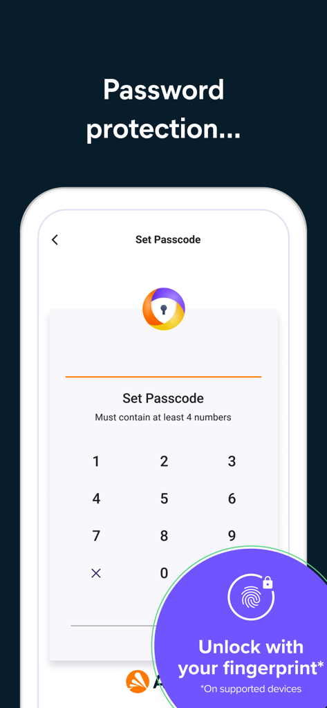 Interfaz de la aplicación Avast Secure Browser mostrando un teclado numérico para configurar un código de acceso y una opción para desbloqueo biométrico de huellas dactilares.