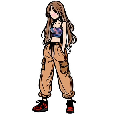 girl in baggy pants crop top and long hair
