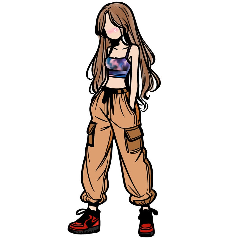 girl in baggy pants crop top and long hair