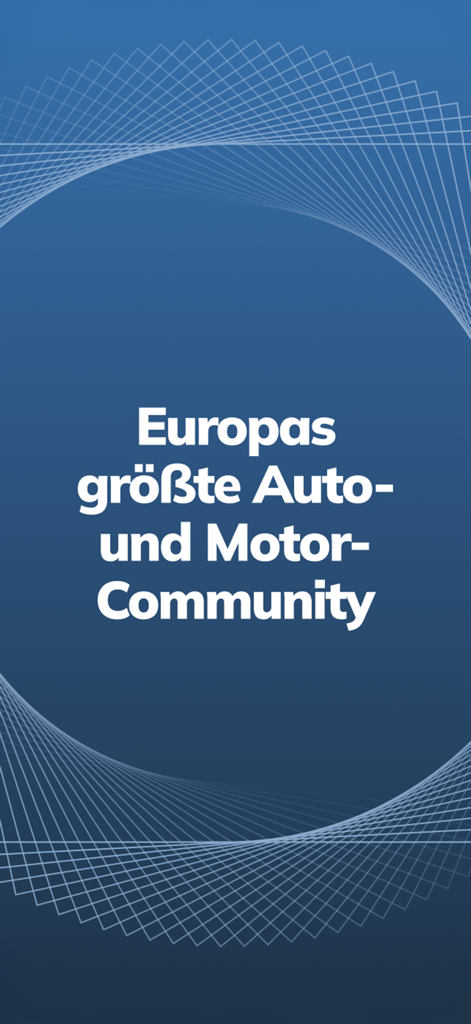 The intro screen of the MOTOR-TALK app with German text describing it as Europe largest car and motorcycle community