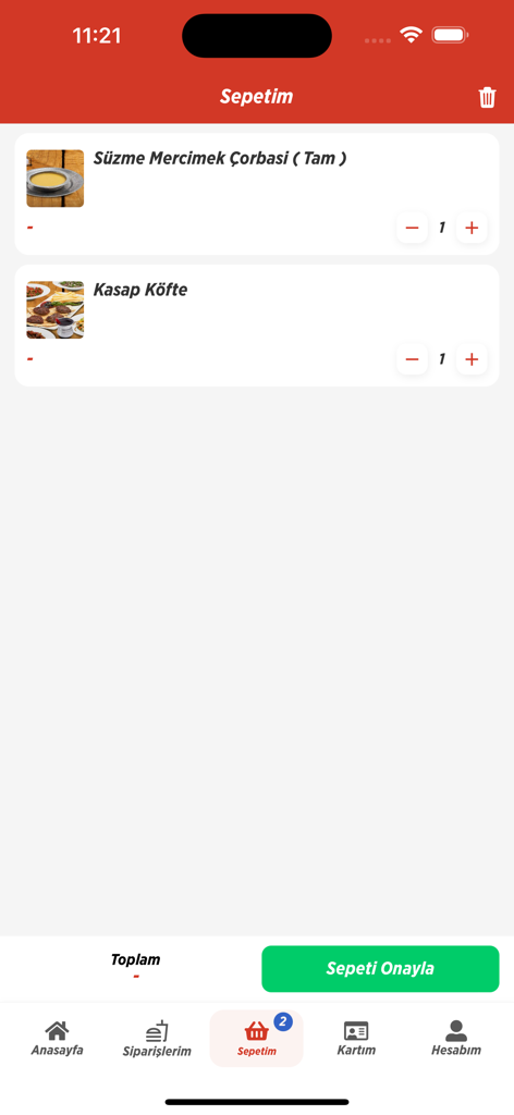 Hasan Usta Kebap & Izgara - Shopping cart screen of the Hasan Usta Kebap and Izgara mobile app showing lentil soup and meatball orders