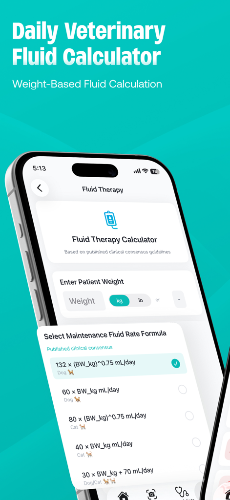 PetMed: Vet Calc & Drugs - Daily veterinary fluid calculator interface in the PetMed app