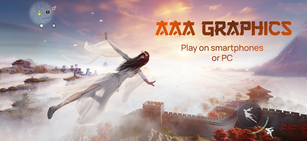 A character in white robes flying over a traditional Chinese landscape at sunset with AAA graphics text