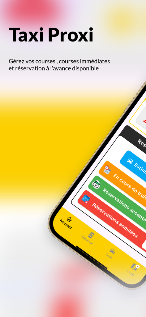Taxi Proxi : Commander course - Taxi Proxi mobile app interface for booking taxis and managing reservations in France.