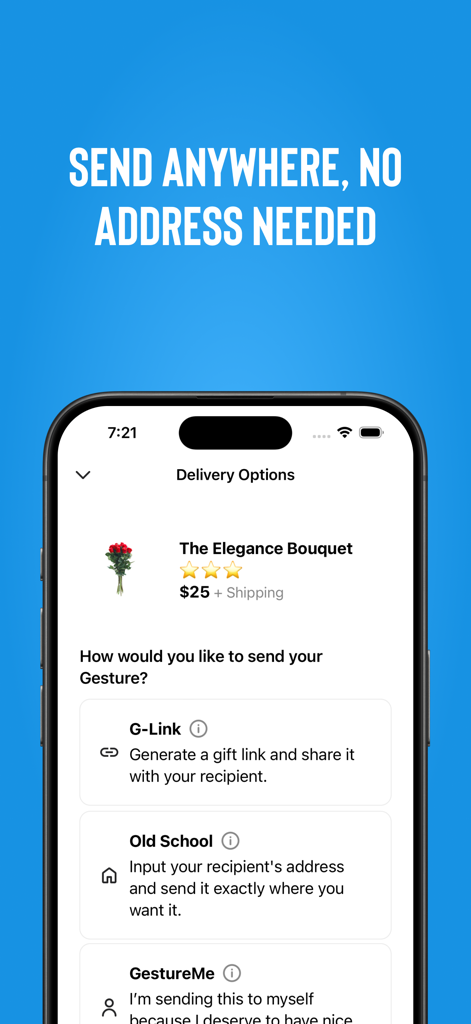 Gesture: REAL Social Gifting - Interfaz de la aplicación Gesture mostrando opciones de entrega para un ramo de flores, incluida una función de enlace de regalo para enviar sin dirección.