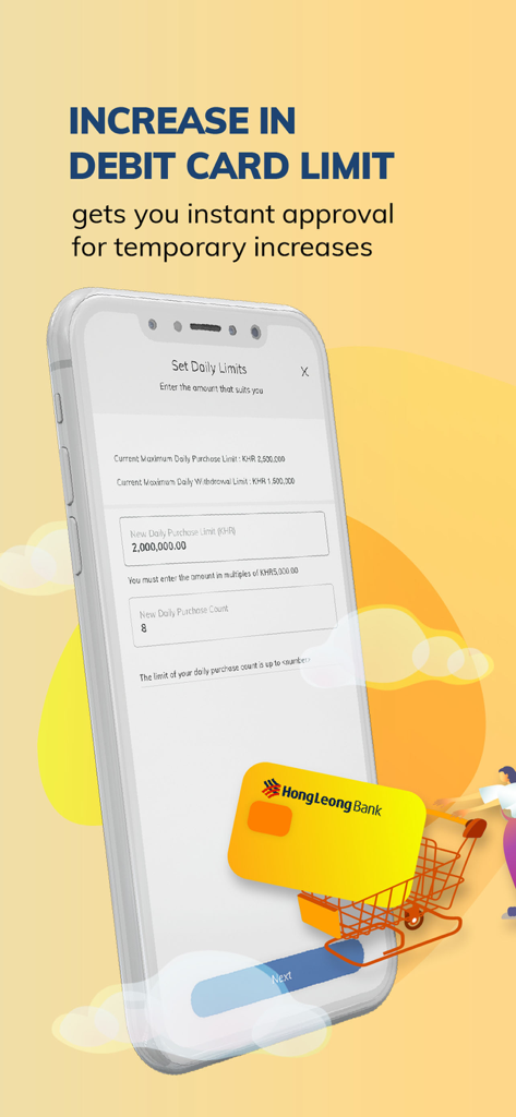 Hong Leong Connect Cambodia - Interfaz de la aplicación Hong Leong Connect Cambodia que muestra opciones para aumentar los límites diarios de la tarjeta de débito.