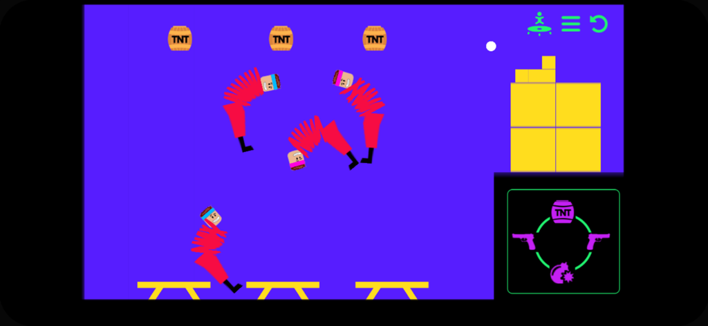 Ragdoll People Playground - A physics sandbox gameplay scene featuring red ragdoll characters, TNT barrels, and weapon selection icons on a purple background.