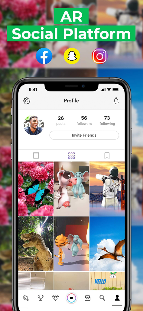 Leo AR Camera app interface displaying a user profile and a grid of creative augmented reality video posts