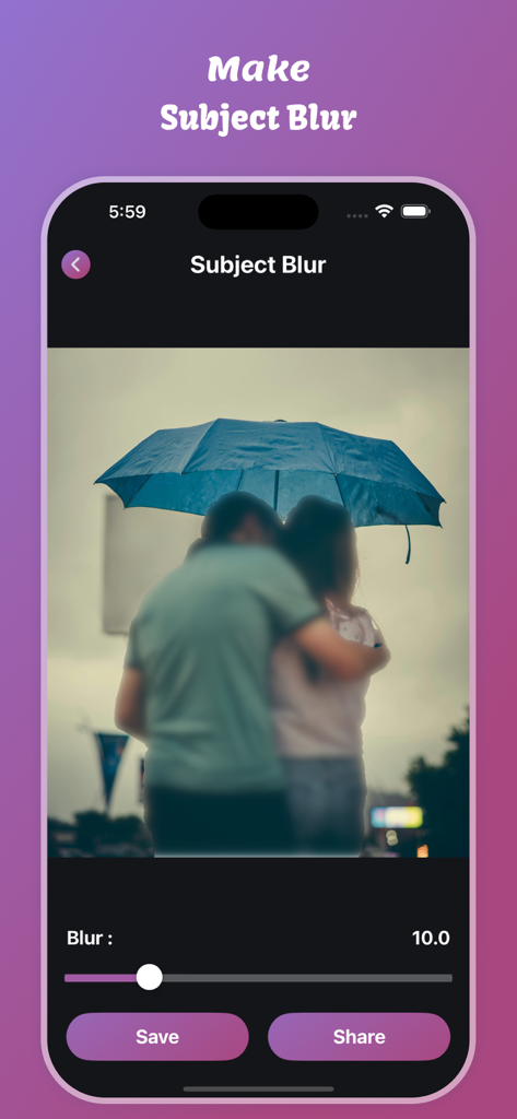 Motion Blur Effect - Screenshot of the Motion Blur Effect app showing the Subject Blur feature applied to a couple under an umbrella.