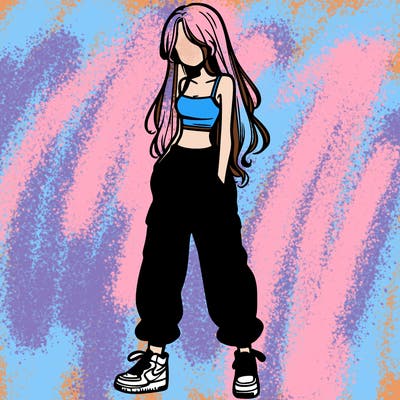 girl in baggy pants crop top and long hair