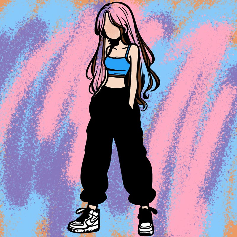 girl in baggy pants crop top and long hair