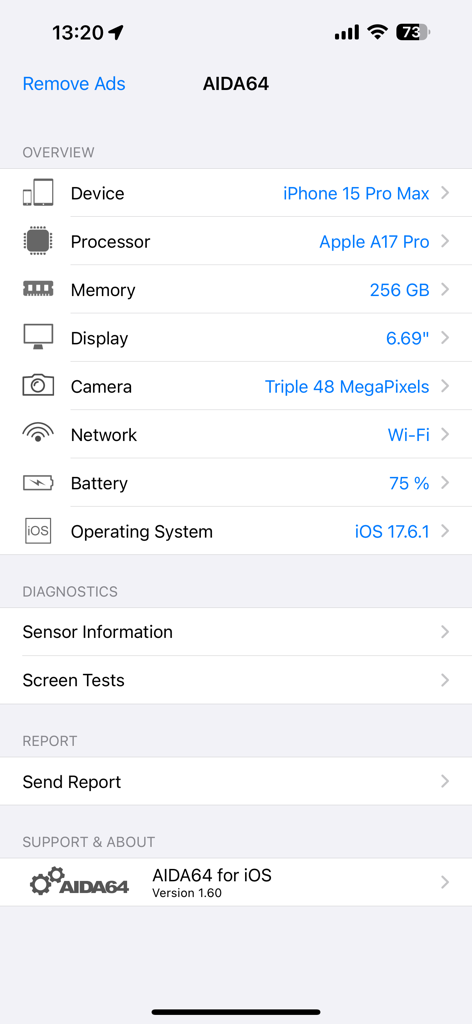 AIDA64 - AIDA64 app screen showing hardware specifications for an iPhone 15 Pro Max