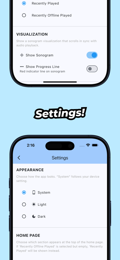 Bird Call Xeno - Bird Songs - La pantalla de configuración de la aplicación Canto de Aves Xeno mostrando opciones de apariencia y visualización de audio