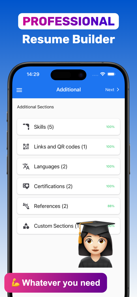 CV Resume Maker ¹ - La aplicación CV Resume Maker mostrando secciones adicionales como habilidades y certificaciones