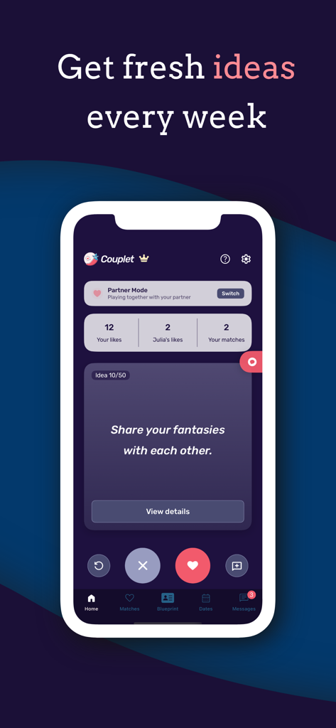Couplet: Spice Up Relationship - Couplet mobile app screen displaying weekly relationship ideas and likes for partners