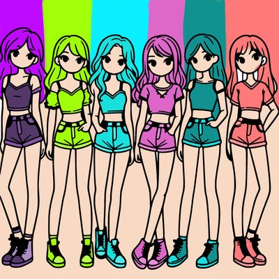 a group of girls wearing crop tops and shorts