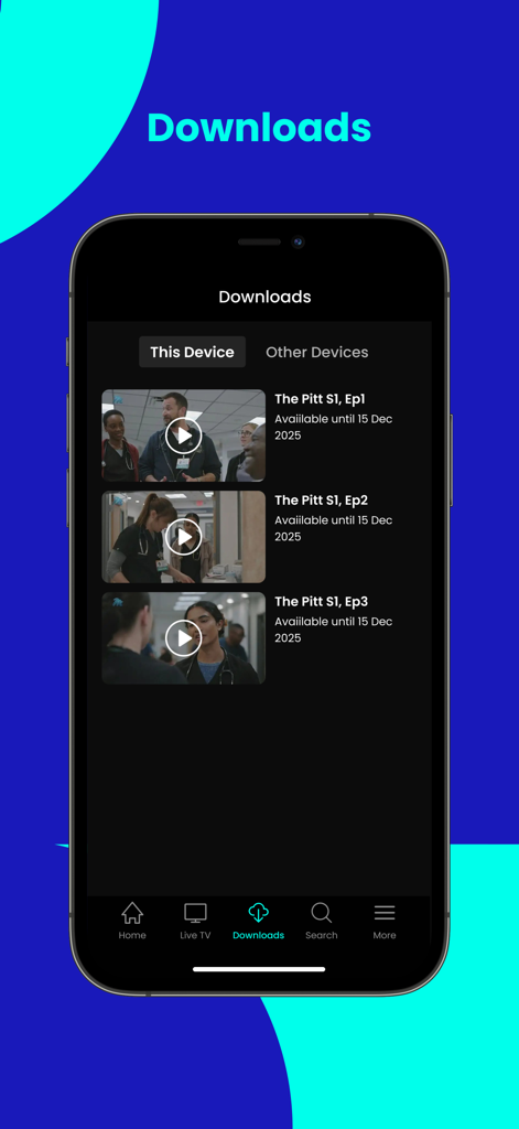 DStv Stream - Interfaz de la aplicación DStv Stream que muestra la sección de descargas con una lista de episodios de programas de televisión.