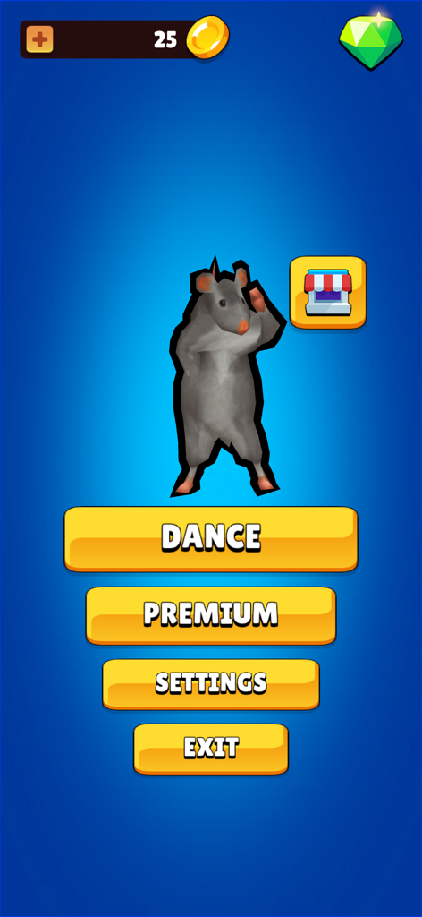 Dancing Rat Meme Generator - Main menu of the Dancing Rat Meme Generator app featuring a 3D rat character and buttons for Dance Premium and Settings
