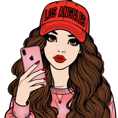 realistic beautiful girl wearing los ángeles cap holding an iphone