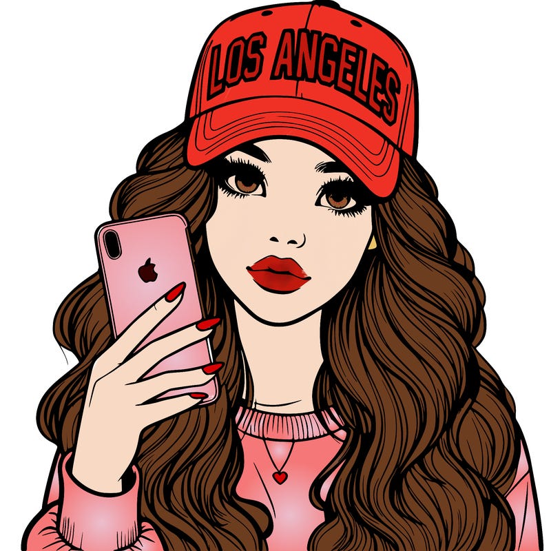 realistic beautiful girl wearing los ángeles cap holding an iphone