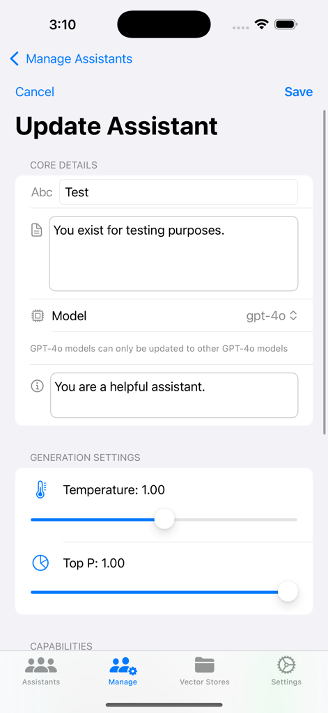 OpenAssistant - OpenAssistant app interface for updating an AI assistant with model selection and temperature controls.