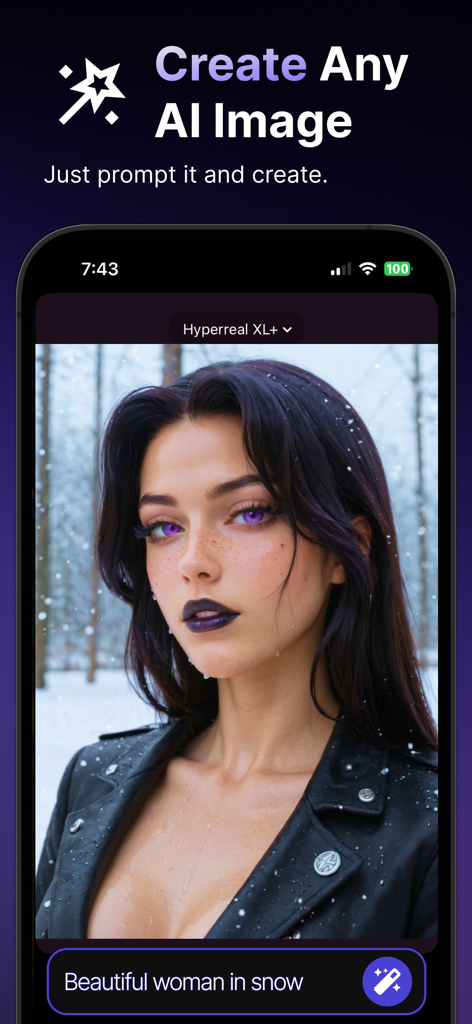 Tela do aplicativo Promptchan mostrando a geração de uma imagem hiper-realista de uma mulher na neve a partir de um prompt de texto.
