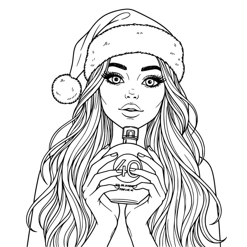 beautiful girl long hair wearing a santa hat log thick lashes touching her head sol de janerio perphume40