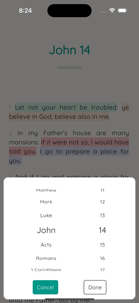 ionBible: Read, Study & Listen - Screenshot of the ionBible app showing highlighted verses in John 14 and a book and chapter selection menu.