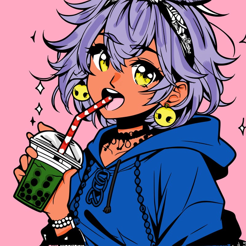 hot baddie anime girl drinking boba and biting the straw