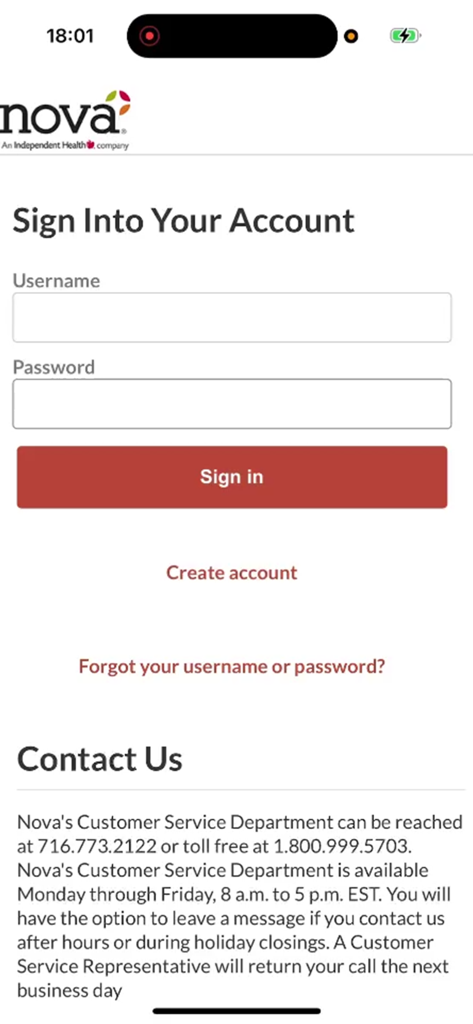 MyNova - MyNova mobile app sign in screen with username and password fields and customer service contact information