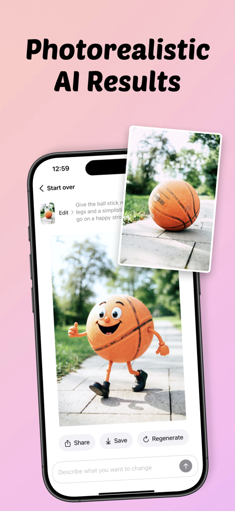 Flux Kontext: AI Image Editor - Flux Kontext app interface showing a basketball transformed into a walking cartoon character using photorealistic AI.